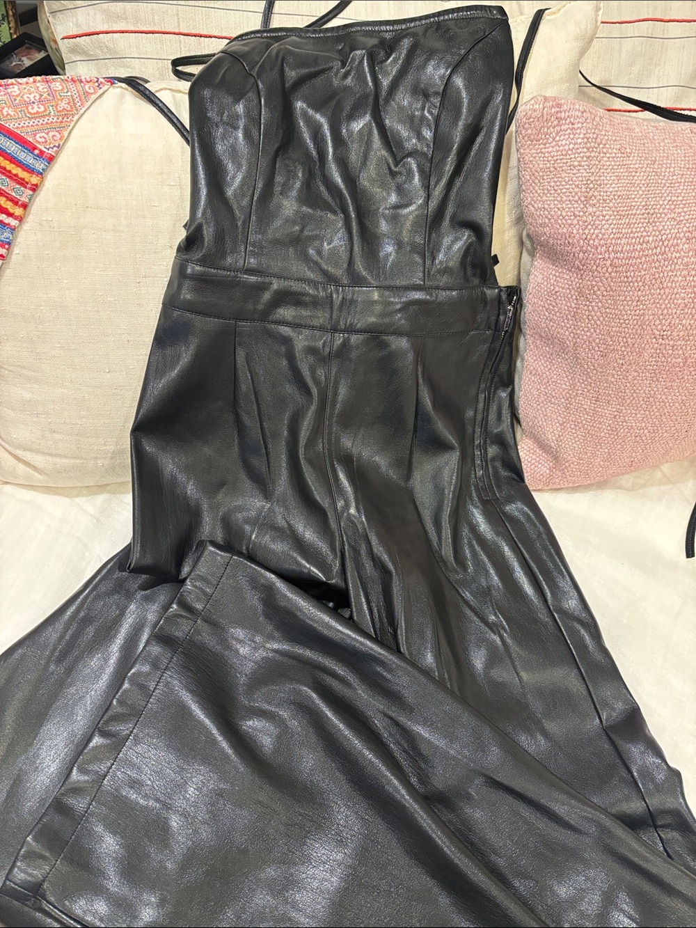 Good American Black Faux Leather Strapless Wide-Leg Jumpsuit
